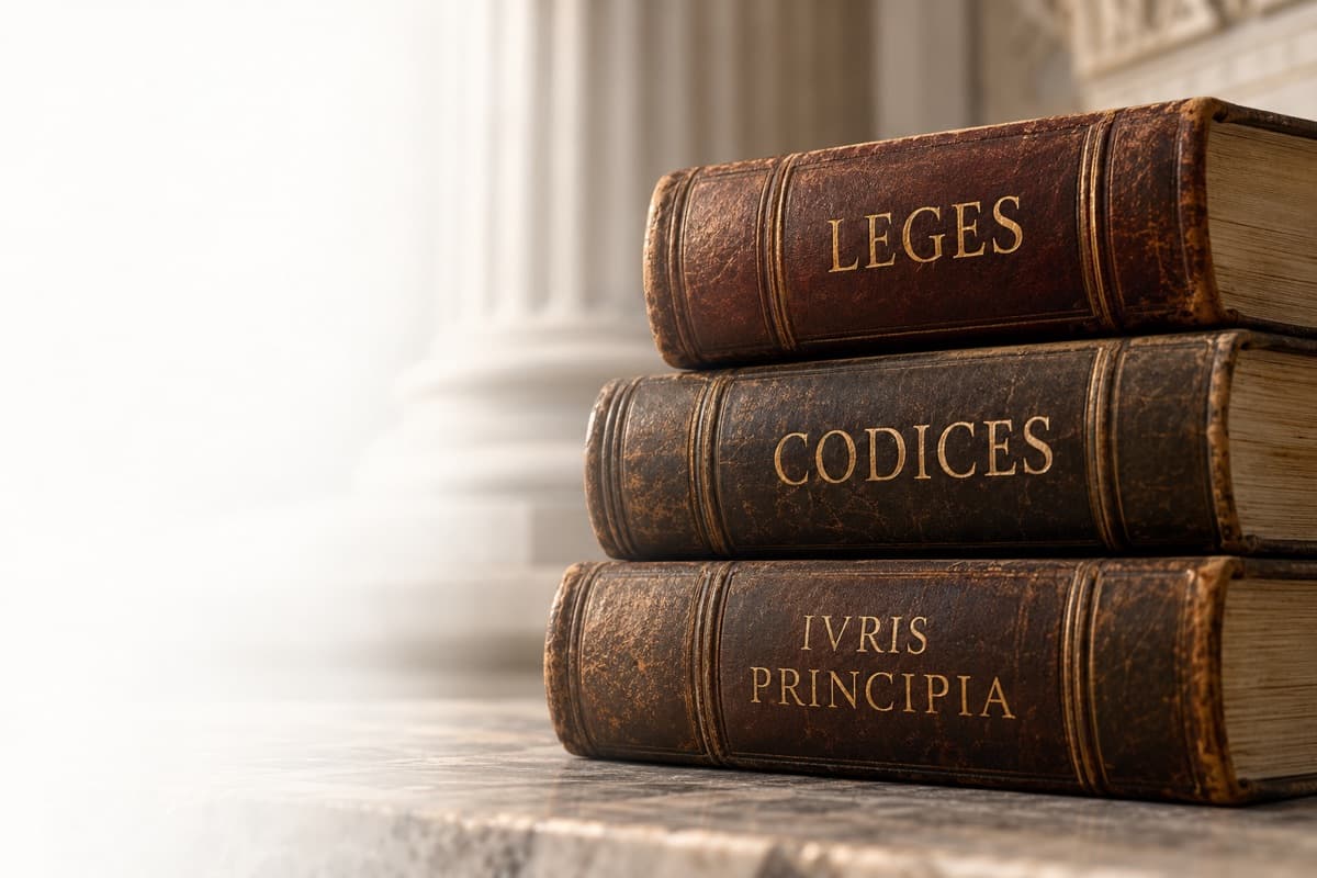 Tre volumi rilegati in pelle con i titoli Leges, Codices e Iuris principia